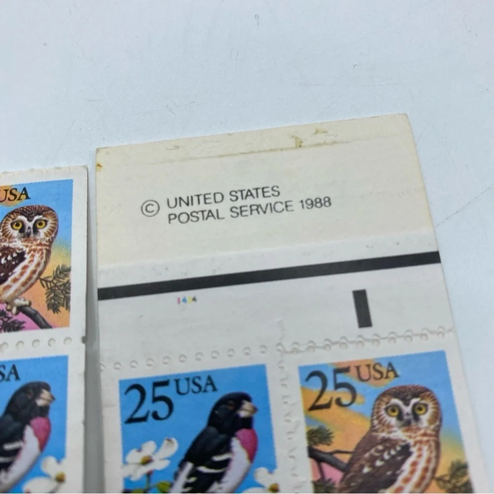 USPS Stamps 25c. Grosbeak & Owl Pair of 8 Birds Postage Vintage Mail 1988